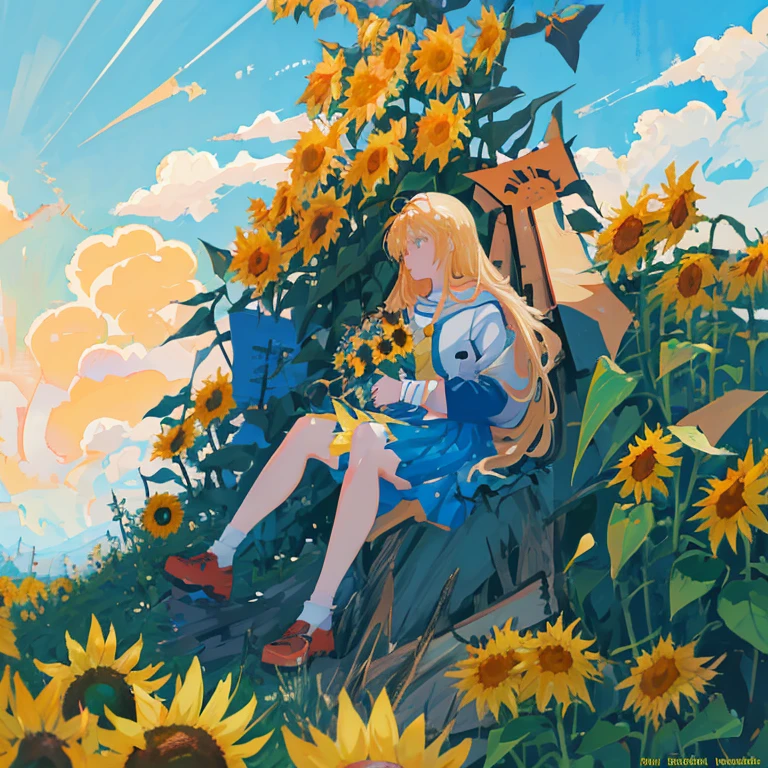 anime girl sitting on the ground with a flower in her hand, Beautiful sunflower anime girl, blonde anime girl with long hair, anime style 4 k, High quality anime art style, anime wallaper, hd anime wallaper, Anime Girl with Long Hair, Anime Best Girl, Anime visuals of cute girls, beautiful anime high school girl, Asuka Langley Soryu