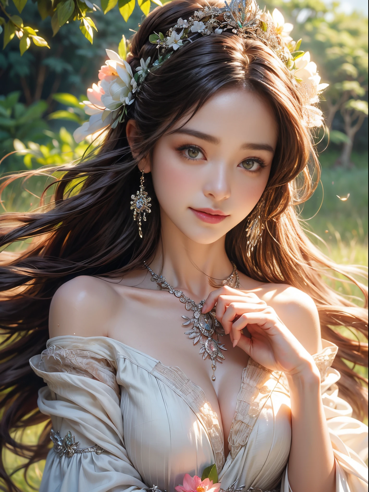 In a field with blooming flowers，girl with gentle smile, Wearing a white off-the-shoulder dress, Her skin shines in the warm sunlight. The scene was captured using raw photos of the best quality and high resolution, carefully edited，Create a masterpiece. Photorealistic renderings highlight the vibrant colors of the flowers and the softness of the girl&#39;s skin. The work is created using oil painting techniques, Add depth and richness to your composition. The surrounding landscape is filled with lush green grass and trees, Creates a peaceful and peaceful atmosphere. The girl&#39;s eyes sparkle with joy, Her lips curved gently into a peaceful smile. The sun casts a warm golden light on her face, Enhance her beauty. Flower colors range from vibrant pinks and purples to soft pastel shades, Create harmonious and visually pleasing compositions. Lighting is soft and diffuse, Create a dreamy and ethereal atmosphere. The girl stands in the middle of the field, Arms raised slightly, As if she is embracing the beauty of nature. The composition is carefully balanced, Girl&#39;s position is off center, Create a sense of movement and vitality. The details of the flowers are extremely intricate, Each petal and leaf is meticulously rendered. The girl&#39;s skirt flows elegantly around her, Add elegance and femininity to the scene. All-encompassing, The artwork evokes a feeling of joy, peacful, and appreciation of the beauty of nature..