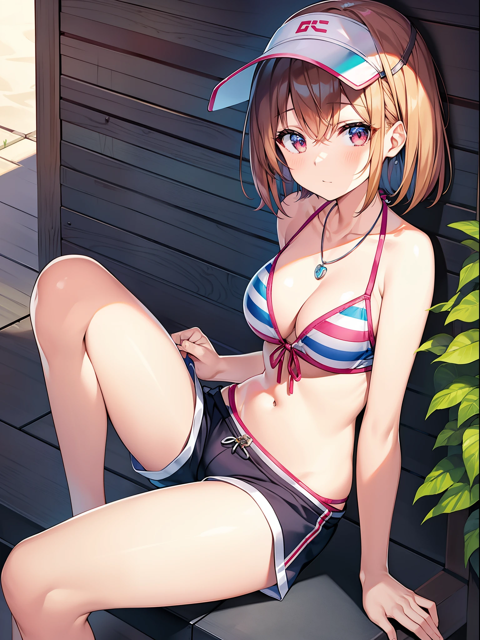 masutepiece, Best Quality, 1girl in, Solo, juli swim, Tied shirt, Bikini under clothes, Necklace, Short shorts, Visor Cap, Sitting
