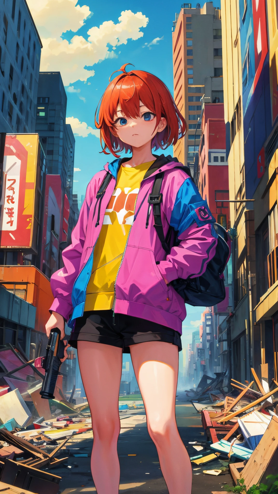 (masterpiece、top-quality:1.2)、colourfull、A girl standing with a gun in front of a destroyed cityscape