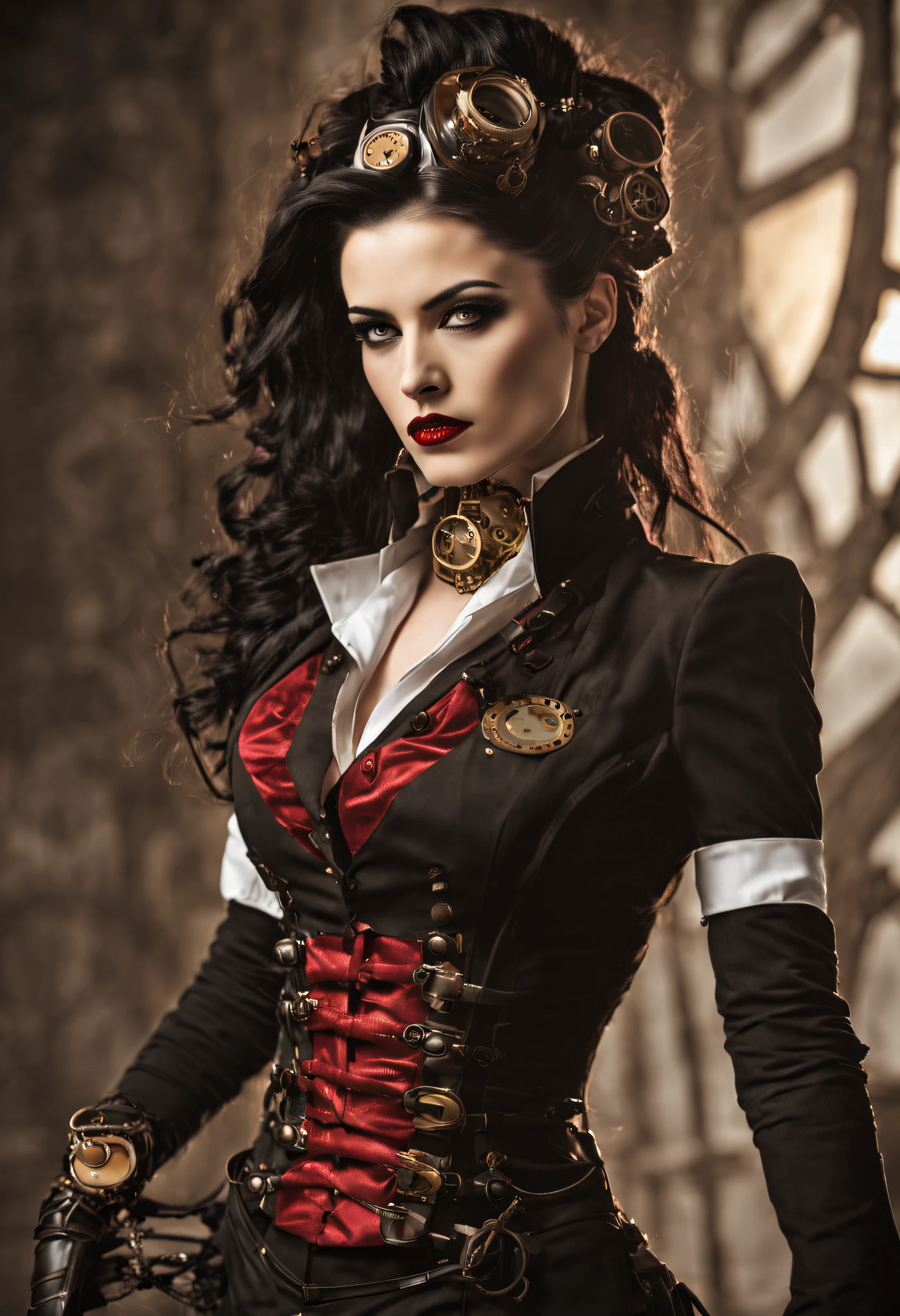 Visualize a (((22nd century Princess of Darkness))) dressed in (((steampunk-inspired garb))), with intricate red lacing and styled long black hair into a precise ponytail, contrasting skin, hair, and eye colors that draw attention. She exudes an air of mystery and power in a full-length portrait, complemented by striking (((stilettos, boots))).