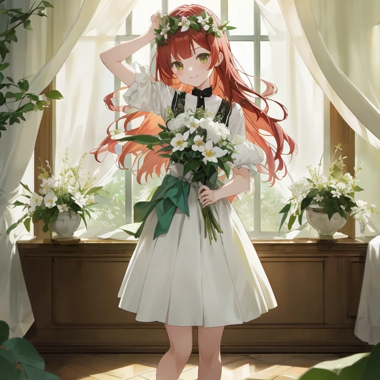 Anime girl with red hair and white dress holding a bouquet of flowers, Rin, Official art, anime key visual of elegant, marin kitagawa fanart, Anime visuals of cute girls, official artwork, portrait of ta, official anime artwork, epic light novel art cover, with flowers, with index finger, high detailed official artwork, ethereal anime, Smooth Anime CG Art