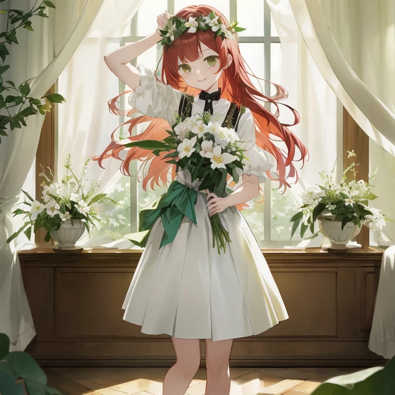 Anime girl with red hair and white dress holding a bouquet of flowers, Rin, Official art, anime key visual of elegant, marin kitagawa fanart, Anime visuals of cute girls, official artwork, portrait of Lolita, official anime artwork, epic light novel art cover, with flowers, with index finger, high detailed official artwork, ethereal anime, Smooth Anime CG Art