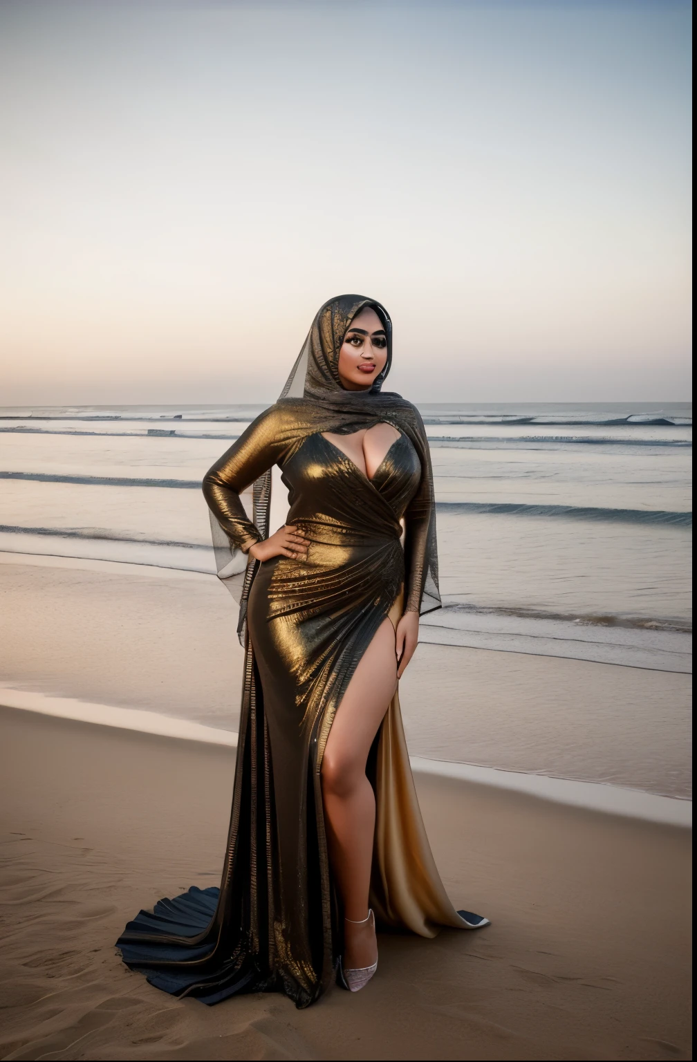 a woman in a gold dress standing on a beach, real photoshoot queen of oceans, during golden hour, african ameera al taweel, gorgeous woman, arab princess, shot at golden hour, alluring plus sized model, arabian beauty, posing on a beach with the ocean, gorgeous lady, draped in gold, draped in silky gold, beautiful woman