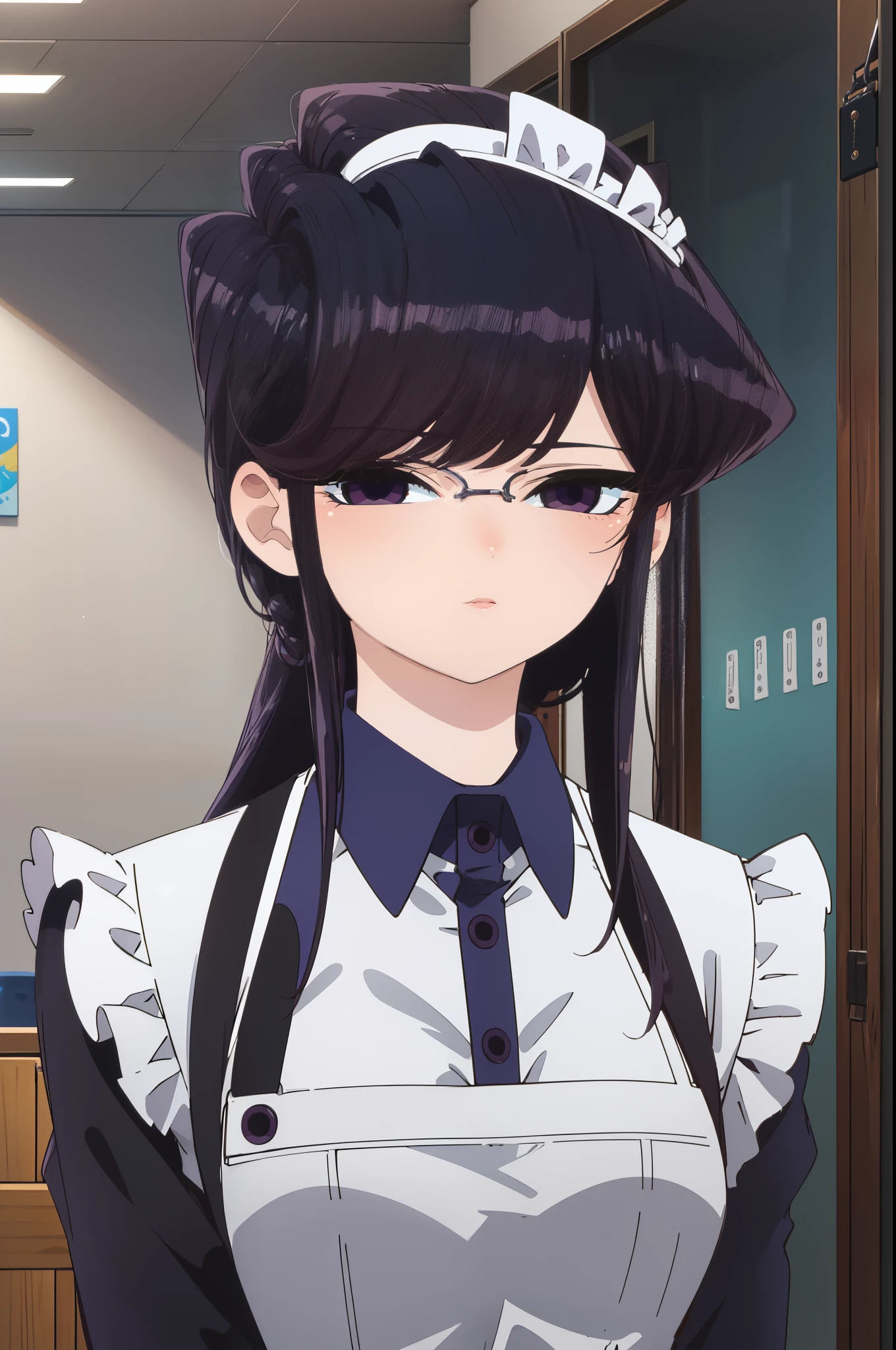 ShokoKomidef, purple hair, purple eyes, Cabello largo, Mirando al espectador, en sirvienta, flequillo, delantal, Volantes, inexpresivo, tocado de sirvienta, Gafas de montura negra, Lazo de pelo, vestido, Sirvienta, gafas, boca cerrada, Parte superior del cuerpo, Obra maestra, La mejor calidad,