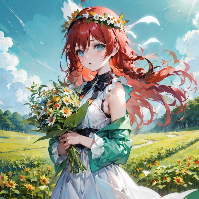 Anime girl with red hair and wildflowers, Rin, Beautiful sunflower anime girl, Official art, cushart krenz key art feminine, guweiz, Anime visuals of cute girls, guweiz on pixiv artstation, official anime artwork, ( ( ( yoshinari yoh ) ) ), Beautiful maiden, marin kitagawa fanart, goddess of spring