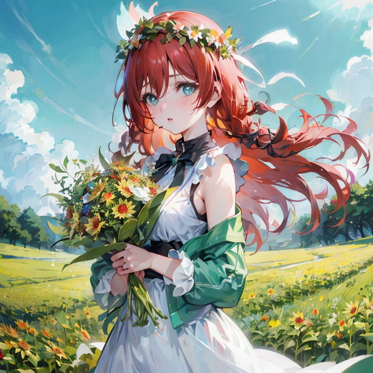 Anime girl with red hair and wildflowers, Rin, Beautiful sunflower anime girl, Official art, cushart krenz key art feminine, guweiz, Anime visuals of cute girls, guweiz on pixiv artstation, official anime artwork, ( ( ( yoshinari yoh ) ) ), Beautiful maiden, marin kitagawa fanart, goddess of spring