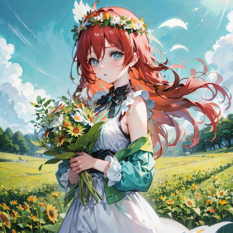 Anime girl with red hair and wildflowers, Rin, Beautiful sunflower anime girl, Official art, cushart krenz key art feminine, guweiz, Anime visuals of cute girls, guweiz on pixiv artstation, official anime artwork, ( ( ( yoshinari yoh ) ) ), Beautiful maiden, marin kitagawa fanart, goddess of spring