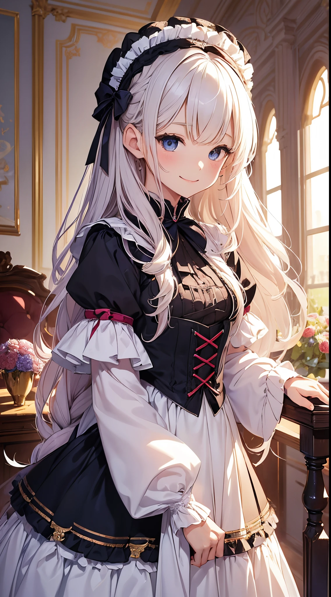 (masterpiece、top-quality、top-quality、Official art、Beautifully Aesthetic:1.2)、(1womanl)、ighly detailed、(Fractal Art:1.4)、highestdetailed、long wavy white hair、Blue eyes、rounded drooping eyes、very small chest 、Flat, Poor chest、Mature beautiful woman、Lovely style room with purple wallpaper and black furniture、cute pink sofa、sit in ta fashion、Cute headdress、Cute smile、Outstanding smile