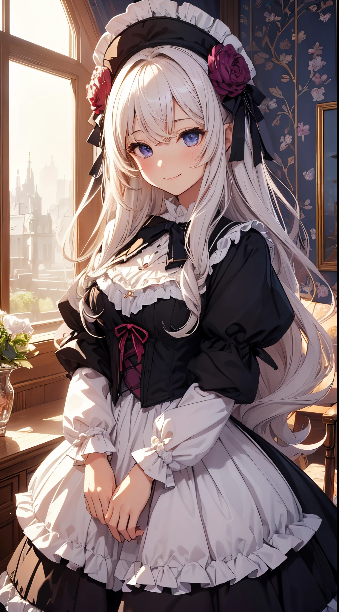 (masterpiece、top-quality、top-quality、Official art、Beautifully Aesthetic:1.2)、(1womanl)、ighly detailed、(Fractal Art:1.4)、highestdetailed、long wavy white hair、Blue eyes、rounded drooping eyes、very small chest 、Flat, Poor chest、Mature beautiful woman、ta style room with purple wallpaper and black furniture、Sit in cute pink sohic loliashion、Cute headdress、Cute smile、Outstanding smile