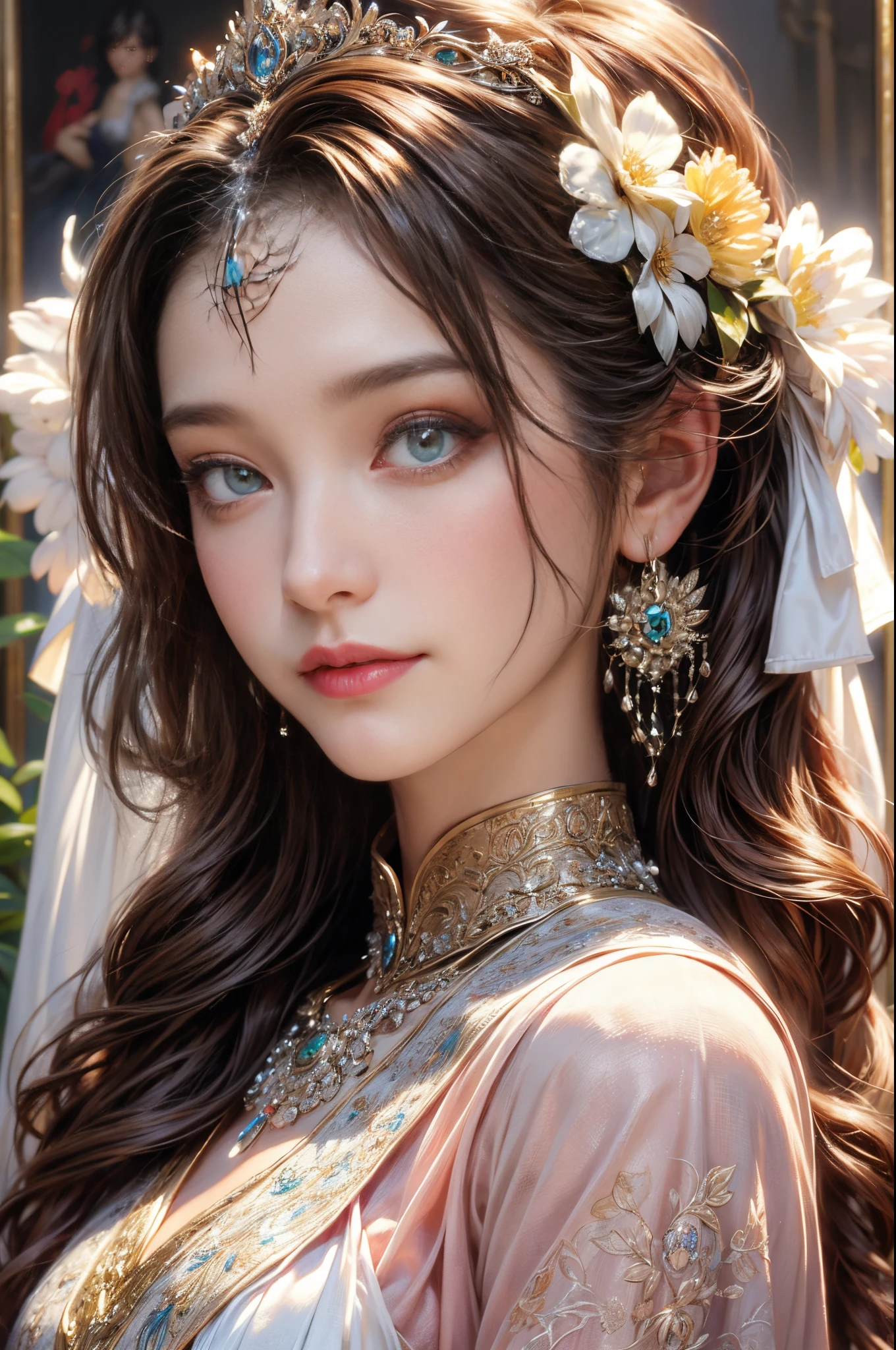 (best quality,4k,8k,highres,masterpiece:1.2), ultra-detailed, realistic, soft lighting, photorealistic, bokeh, vivid colors, fine brushstrokes, oil painting style, beautiful detailed eyes, elegant expressions, professional photography style, model-like appearance, exquisite beauty, subtle smile, atmospheric background, contemporary art style, glossy fabric, feminine charm, intricate patterns, exquisite jewelry, ethereal ambiance.