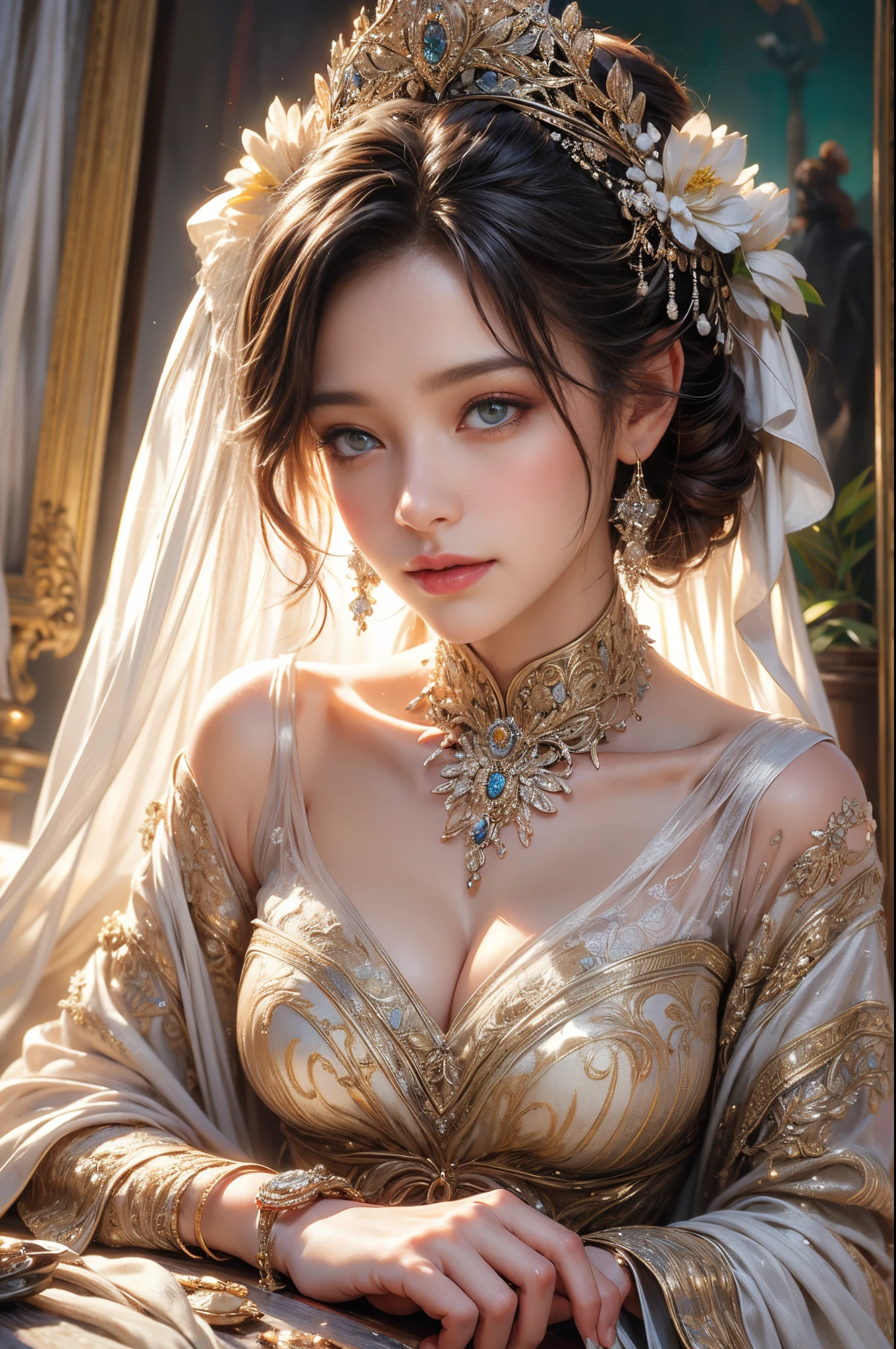 (best quality,4k,8k,highres,masterpiece:1.2), ultra-detailed, realistic, soft lighting, photorealistic, bokeh, vivid colors, fine brushstrokes, oil painting style, beautiful detailed eyes, elegant expressions, professional photography style, model-like appearance, exquisite beauty, subtle smile, atmospheric background, contemporary art style, glossy fabric, feminine charm, intricate patterns, exquisite jewelry, ethereal ambiance.
