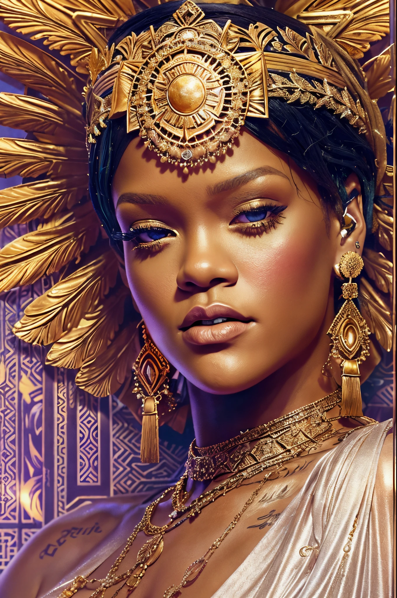 "Imagine an AI-generated artwork that transforms Rihanna into a majestic Greek goddess. Picture her draped in ethereal robes that cascade like ancient Grecian garments. Adorn her with divine accessories, such as a laurel wreath or intricate jewelry, reflecting both elegance and power. Set her against a celestial backdrop with soft, golden lighting, evoking the ambiance of Mount Olympus. Infuse the image with an air of regality and mystique, capturing Rihanna embodying the essence of a modern-day goddess from ancient Greek mythology. The final artwork should be a harmonious blend of contemporary allure and classical divinity, paying homage to Rihanna's iconic presence and cultural influence."