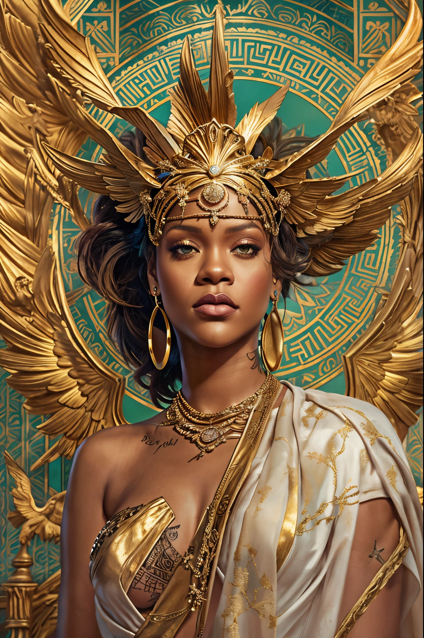 "Imagine an AI-generated artwork that transforms Rihanna into a majestic Greek goddess. Picture her draped in ethereal robes that cascade like ancient Grecian garments. Adorn her with divine accessories, such as a laurel wreath or intricate jewelry, reflecting both elegance and power. Set her against a celestial backdrop with soft, golden lighting, evoking the ambiance of Mount Olympus. Infuse the image with an air of regality and mystique, capturing Rihanna embodying the essence of a modern-day goddess from ancient Greek mythology. The final artwork should be a harmonious blend of contemporary allure and classical divinity, paying homage to Rihanna's iconic presence and cultural influence."