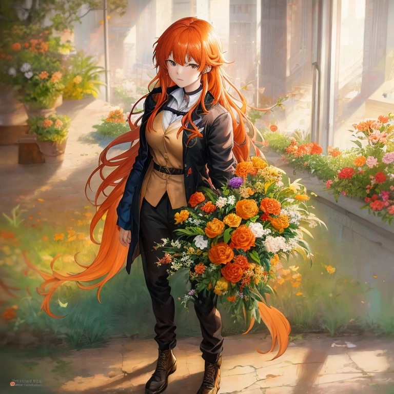 Anime girl with orange hair holding a bouquet of flowers and cookies, guweiz on pixiv artstation, guweiz on artstation pixiv, guweiz, made with anime painter studio, with flowers, painted in anime painter studio, high quality portrait, artwork in the style of guweiz, Trending on ArtStation pixiv