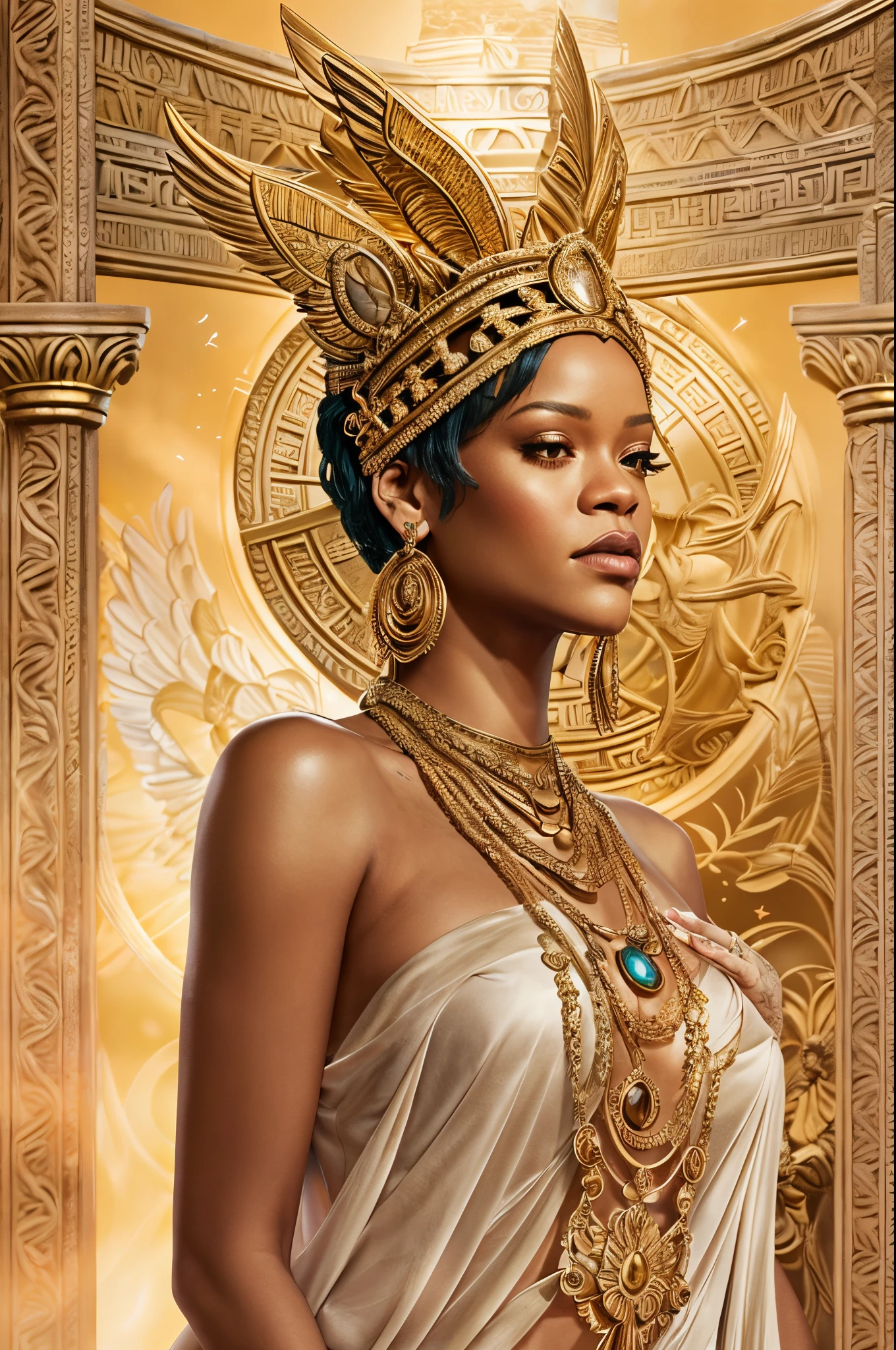 "Imagine an AI-generated artwork that transforms Rihanna into a majestic Greek goddess. Picture her draped in ethereal robes that cascade like ancient Grecian garments. Adorn her with divine accessories, such as a laurel wreath or intricate jewelry, reflecting both elegance and power. Set her against a celestial backdrop with soft, golden lighting, evoking the ambiance of Mount Olympus. Infuse the image with an air of regality and mystique, capturing Rihanna embodying the essence of a modern-day goddess from ancient Greek mythology. The final artwork should be a harmonious blend of contemporary allure and classical divinity, paying homage to Rihanna's iconic presence and cultural influence."