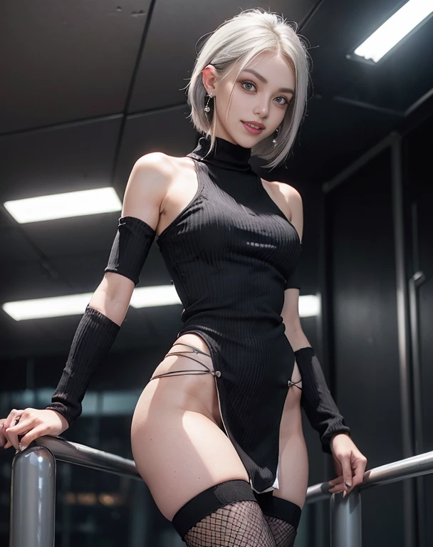 Masterpiece, 8K, photorealistic, ultra realistic, (1girl, solo),
_
the most beautiful, European Gravure idol, 24 years old, 170 cm, (((large breasts:1.2))), (((slender waist, round hips, toned thighs, toned arms):1.3)), ((small head, small face:1.2)), diamond Face, small nose, (small mouth), Sharp Faceline,
_
BREAK ((lower BODY:1.2)), (standing, from below:1.4), look at viewer,
_ BREAK ((big eyes, Double eyelid, tareme, droopy eyes):1.3), ((smile, small lips, teeth:1.3)), (mole under eye:1.2), (Perl White teeth), ((gray hair)), short hair, ponytail, Blue eyes, light makeup, thin eyebrow, shiny skin, detailed skin, detailed face, perfect eyes, detailed eyes, shiny hair,
_
BREAK (black theme:1.2), ((High_neck knit sweater, no cutout, black knit dress, log dress:1.4)), (((no cutout))), (fish net Stockings:1.4), (silver earring, silver bracelet, silver necklace:1.2),
_
BREAK (black and White theme:1.2), Inorganic concrete photo studio, Inorganic concrete, small window, gray concrete block, highly, blur, blur background, front lightning, Cinematic lighting, raw photo,