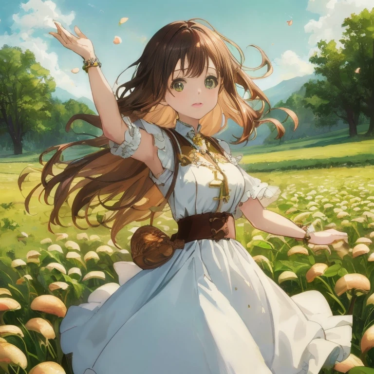 anime girl in mushroom field, girl dancing in a flower field, Official art, official artwork, Anime visuals of cute girls, high definition anime art, Beautiful anime, official anime artwork, Detailed key anime art, beautiful anime art, beautiful fantasy anime, cushart krenz key art feminine, Beautiful maiden, Beautiful anime girl, beautiful anime artwork