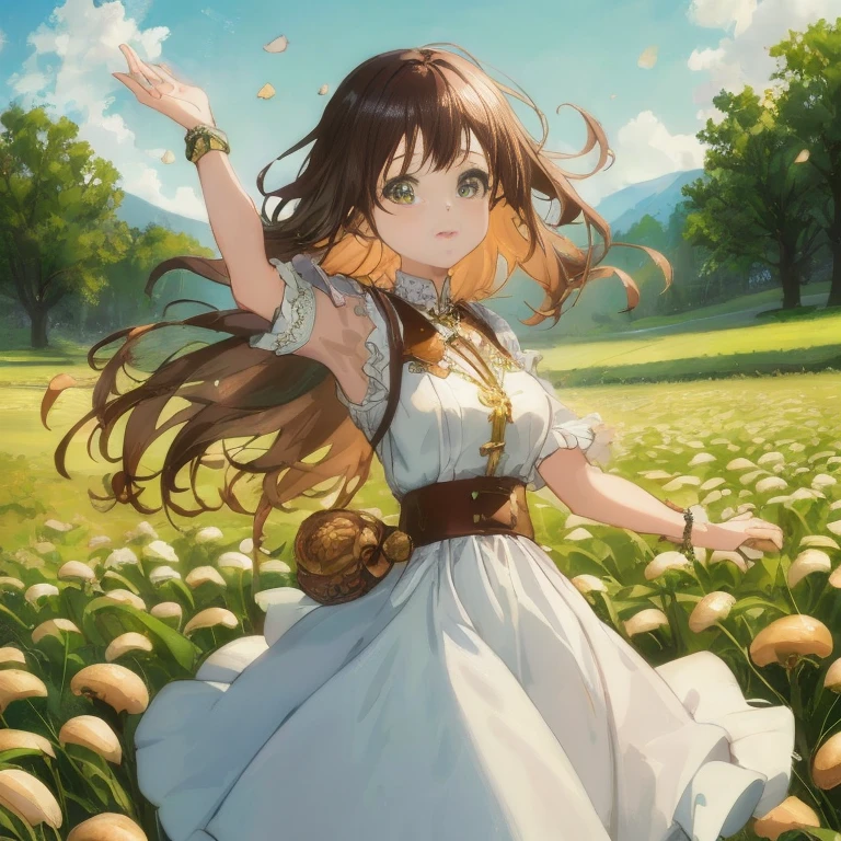 anime girl in mushroom field, girl dancing in a flower field, Official art, official artwork, Anime visuals of cute girls, high definition anime art, Beautiful anime, official anime artwork, Detailed key anime art, beautiful anime art, beautiful fantasy anime, cushart krenz key art feminine, Beautiful maiden, Beautiful anime girl, beautiful anime artwork