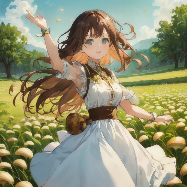 anime girl in mushroom field, girl dancing in a flower field, Official art, official artwork, Anime visuals of cute girls, high definition anime art, Beautiful anime, official anime artwork, Detailed key anime art, beautiful anime art, beautiful fantasy anime, cushart krenz key art feminine, Beautiful maiden, Beautiful anime girl, beautiful anime artwork