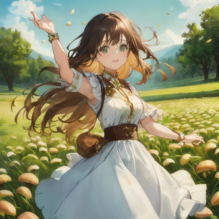 anime girl in mushroom field, girl dancing in a flower field, Official art, official artwork, Anime visuals of cute girls, high definition anime art, Beautiful anime, official anime artwork, Detailed key anime art, beautiful anime art, beautiful fantasy anime, cushart krenz key art feminine, Beautiful maiden, Beautiful anime girl, beautiful anime artwork