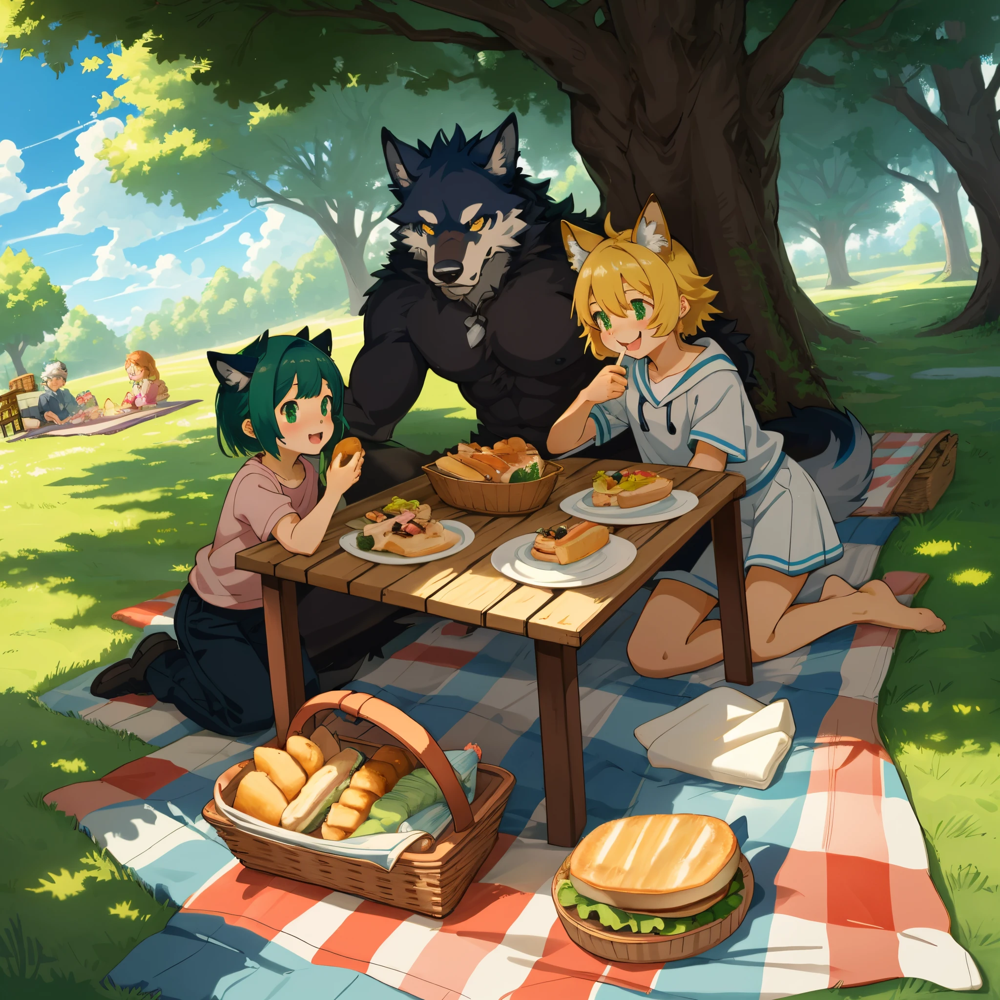 cover page, anime key visual, highres, top quality, best quality, paid reward available, High-quality illustrations, unparalleled masterpiece, perfect artwork, absurdres(heartwarming family picnic scene)(in lush green park)(kemono werewolf family with two parents of diverse descents and a child)perfect anatomy, sitting on a colorful blanket, parents smiling and taking out food from a picnic basket, child reaching for sandwich, cheerful and relaxed atmosphere, bright sunny day, trees in the background, fan-created work shared on platforms Pixiv or Twitter, cinematic lighting, dynamic angle,