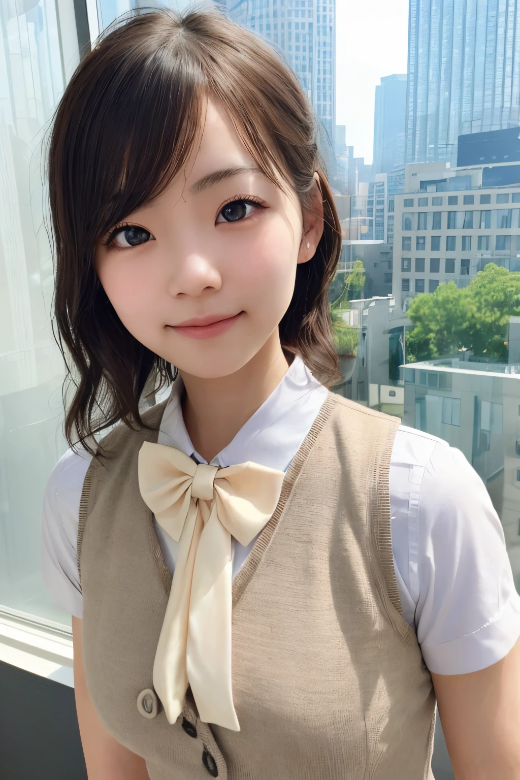 1girl, matured female, vest, bow, photo, realistic, best quality, hires, detailed face, office, buildings from window, detailed background, diffused sunlight, depth of field, bokeh