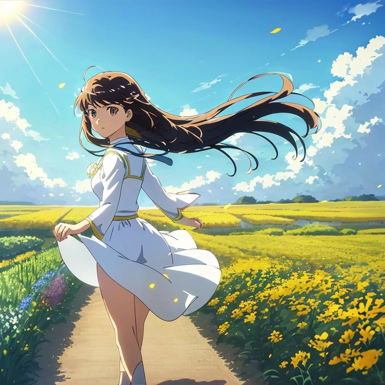 Anime girl running in a flower field with the sun in the background, Beautiful anime, daytime ethereal anime, ethereal anime, girl dancing in a flower field, the anime girl is running, beautiful anime artwork, beautiful anime art, beautiful anime scene, Anime visuals of cute girls, ( ( By Shinkai Makoto ) ), girl walking in flower field, Official art