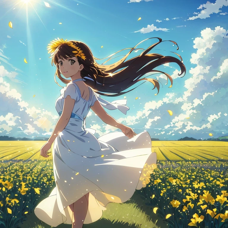 Anime girl running in a flower field with the sun in the background, Beautiful anime, daytime ethereal anime, ethereal anime, girl dancing in a flower field, the anime girl is running, beautiful anime artwork, beautiful anime art, beautiful anime scene, Anime visuals of cute girls, ( ( By Shinkai Makoto ) ), girl walking in flower field, Official art