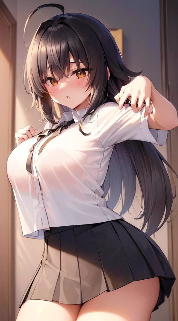 (((top-quality，ultra-detailliert，in 8K，)))，A dark-haired，side poneyTail，animal long ears，plump tits，(anime ahoge/sense of touch/Fetishes:1.7)，(White shirt/Black short skirt:1.4)，