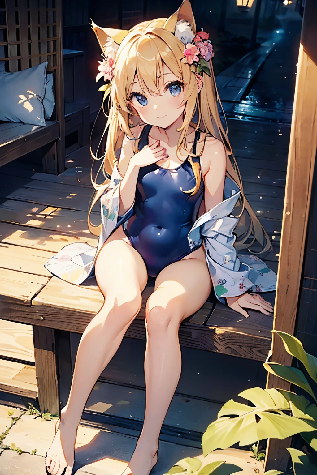 (((2D beautiful girl 1.1、Beautiful illustration、Best quality1.1、perfect fingertips 1.3、Perfect Anatomy 1.3、Beautiful Face 1.1)))、stright long hair、Soio、Big eyes、drooping eyes、(((Kimono-style one-piece swimsuit))))、Princess、A smile、Facing the front、A fantastic beach with bright sunlight、年轻、years、Cat's ears、Full body depiction、