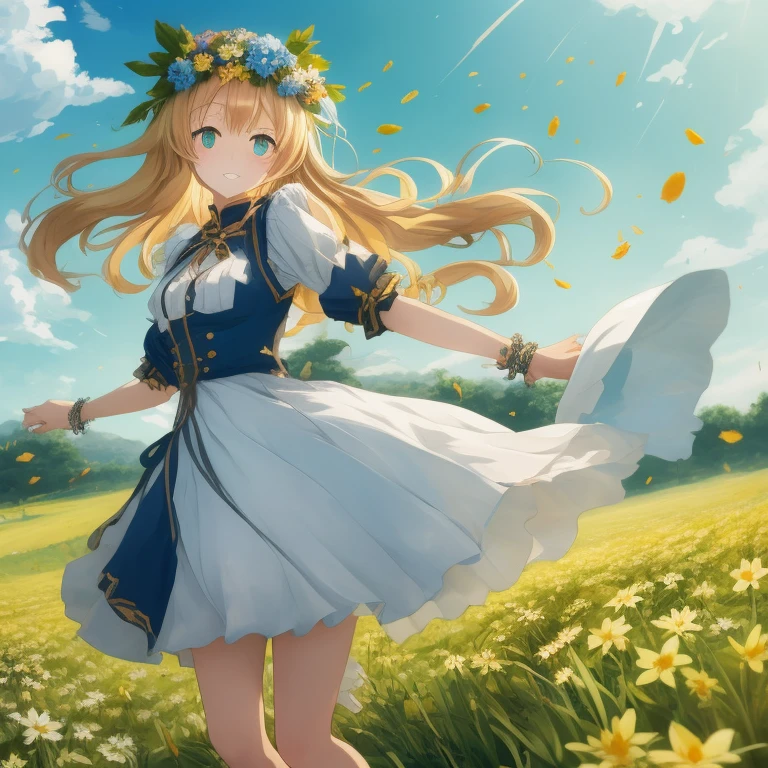 Anime girl in a flower field wearing a blue dress, cushart krenz key art feminine, epic light novel art cover, guweiz on pixiv artstation, loli in dress, Cute anime waifu in a nice dress, Trending on ArtStation pixiv, Violet Evergarden, High resolution in the field, guweiz on artstation pixiv