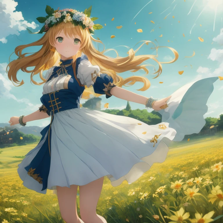 Anime girl in a flower field wearing a blue dress, cushart krenz key art feminine, epic light novel art cover, guweiz on pixiv artstation, loli in dress, Cute anime waifu in a nice dress, Trending on ArtStation pixiv, Violet Evergarden, High resolution in the field, guweiz on artstation pixiv