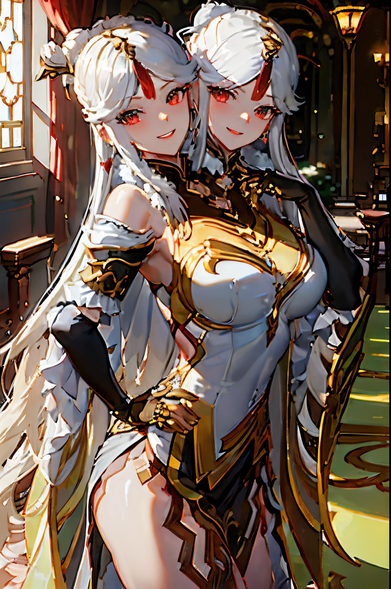 (masterpiece, best quality), best resolution, (2heads:1.5), 1girl, clear outline, armor, bangs, breasts, cape, cape lift, earrings, gloves, hand on hip, headband, jewelry, long hair, looking at viewer, open mouth, shoulder armor, smile