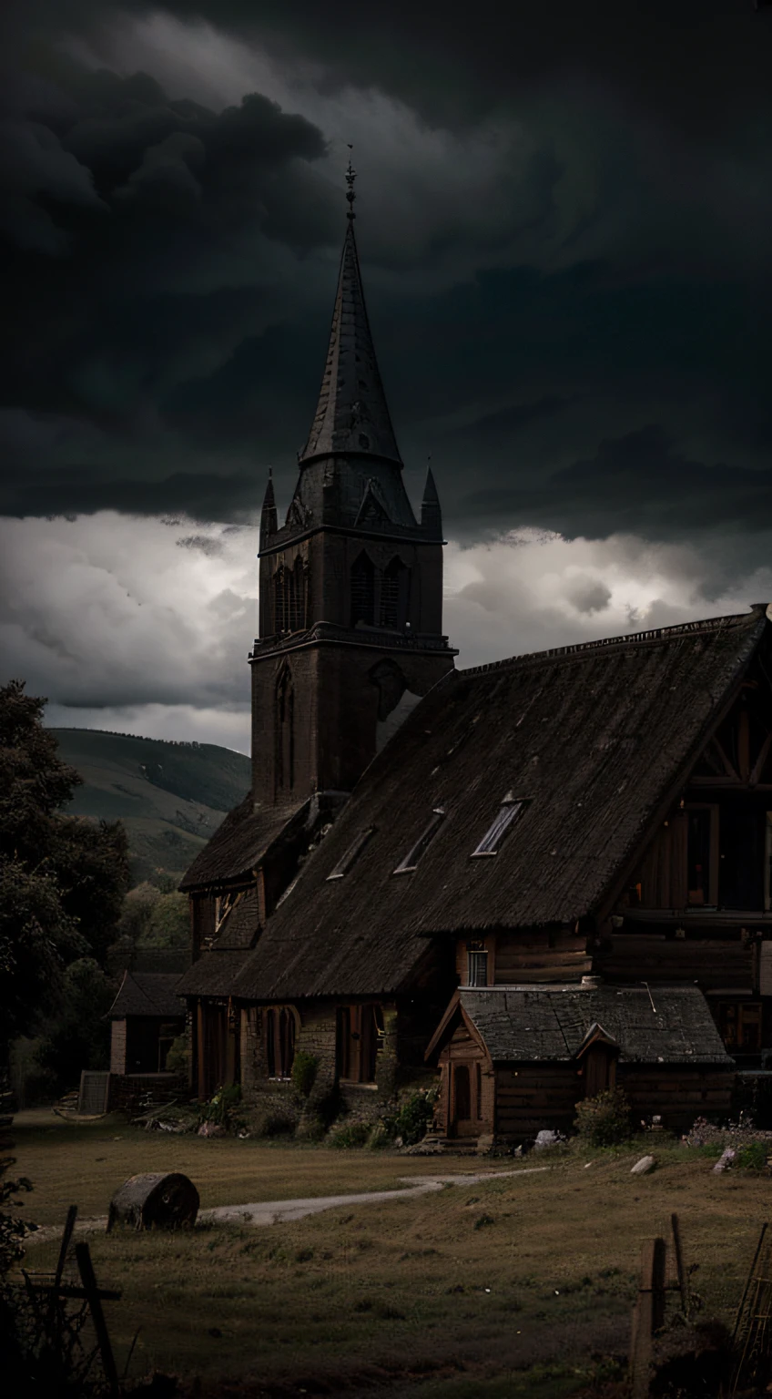 In the style of an engraving, a 17th-century village emerges in the distance beneath incredibly dark skies. Detailed etchings capture the essence of period architecture, with timber-framed houses and a distant church spire. The ominous heavens are rendered with intricate crosshatching, casting an almost surreal gloom over the pastoral scene. The village, surrounded by rolling hills and nestled amidst ancient trees, takes on an otherworldly quality as it confronts the encroaching darkness, creating a stark contrast between the finely detailed village and the foreboding skies
