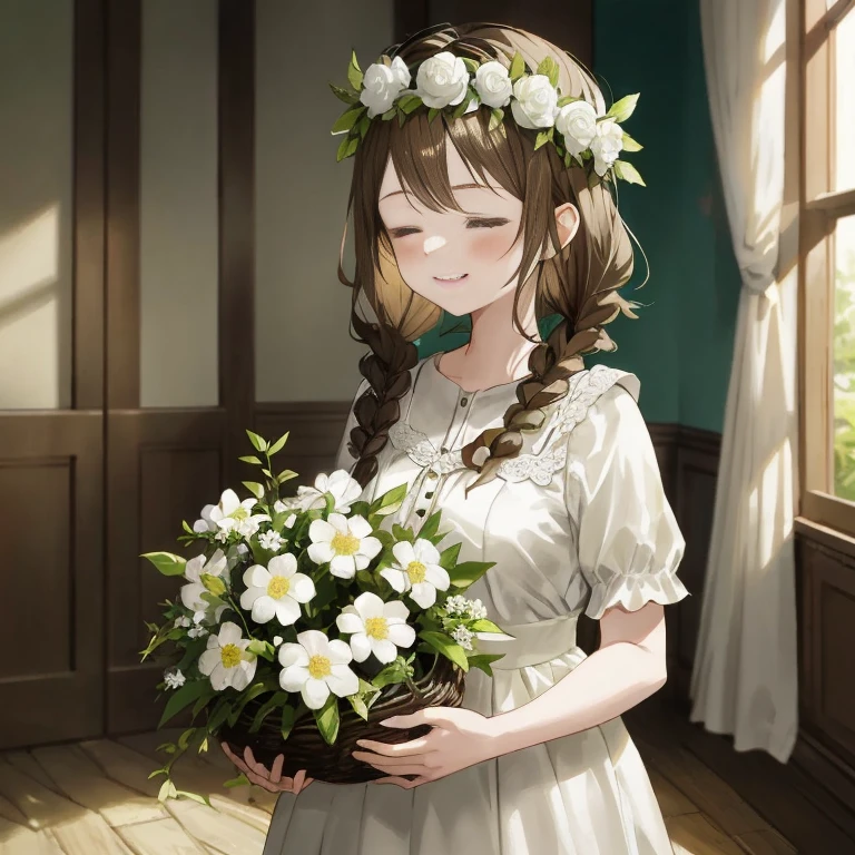 Anime girl with a flower crown with a basket of flowers, with flowers, Holding flowers, She has a crown of flowers, flower tiara, Wearing laurel wreaths, Has a laurel wreath, Anime visuals of cute girls, marin kitagawa fanart, Beautiful maiden, carrying flowers, flowercrown, kawaii realistic portrait, [[[[grinning evily]]]]
