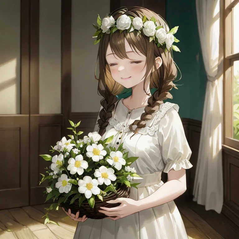 Anime girl with a flower crown with a basket of flowers, with flowers, Holding flowers, She has a crown of flowers, flower tiara, Wearing laurel wreaths, Has a laurel wreath, Anime visuals of cute girls, marin kitagawa fanart, Beautiful maiden, carrying flowers, flowercrown, kawaii realistic portrait, [[[[grinning evily]]]]