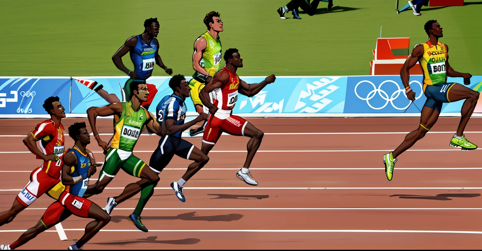 several athletes are competing in a race on a track, velocistas em uma corrida, Correndo, Photo of the Olympic Games, olympics, 100 m, usain bolt vencendo, renderizar estilo quadrinhos dos anos 50, estilo comic, graphic novel