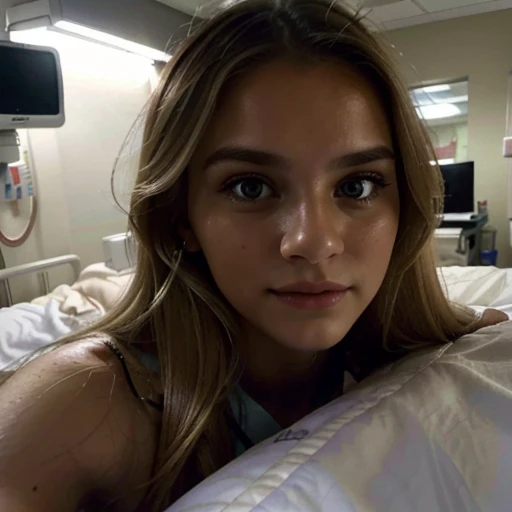 Hospital back ground , hospital bed ,sad looking , selfie laying in the bed with a blanket, blonde hot girl , beautiful brown eyes , hairs tie, tears in face ,selfie in the bed, beautiful face , holding a sheets with the name Alexa on it, dark light , darks ,bad quality image , iPhone image quality,bad quality image, not too realistic , looking like a normal picture of someone in the hospital, dark , in the dark , dark lights ,looking cute , selfie pic normal quality, hospital bed , hospital background , in an hospital, beautiful detailed face , seductive women , darkness time,blonde hairs , Look cute, medium quality , selfie in a hospital bed laying .