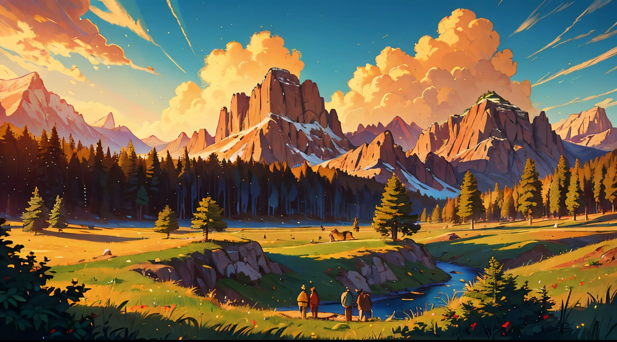 16k, massive details, ((complex details))) immense sky,field of a beautiful mountain pine forrest scene with a cute baby bear cubs with her mother, golden hour ,amazing sky,Level 15,rocky surface, (photorealistic), art (((Claude Lorrain))), J.R. Tolkien Type [sharp focus], (HDR), (8k), (gigapixel), (masterpiece)