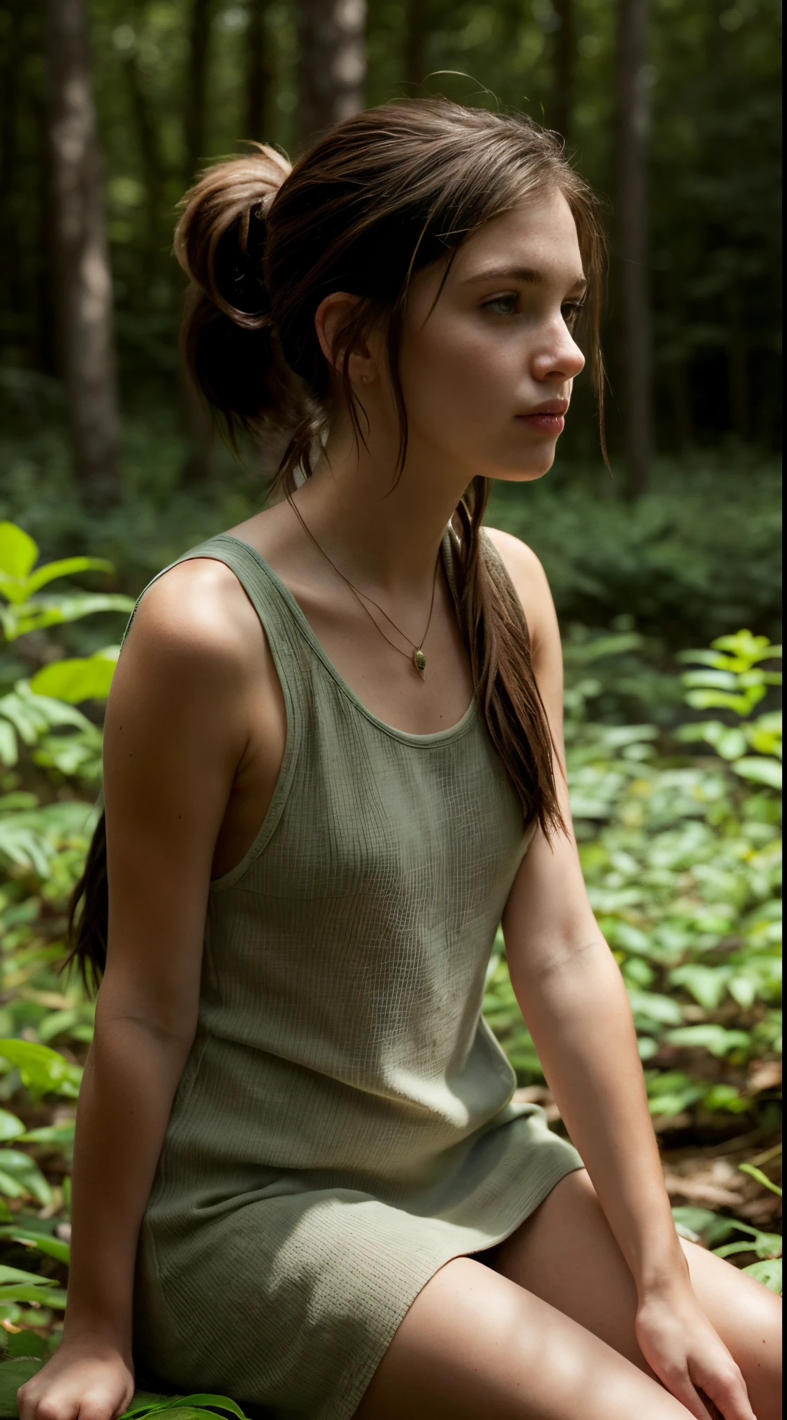 (masterpiece, best quality: 1.3) EllieTLOU, 1 girl, brown hair, long hair, ponytail, sitting, abandoned in a forest, Green Plants, soft lighting, realistic, SMOOTH FACE, full body photo, torso, dress, perfect eyes, clear