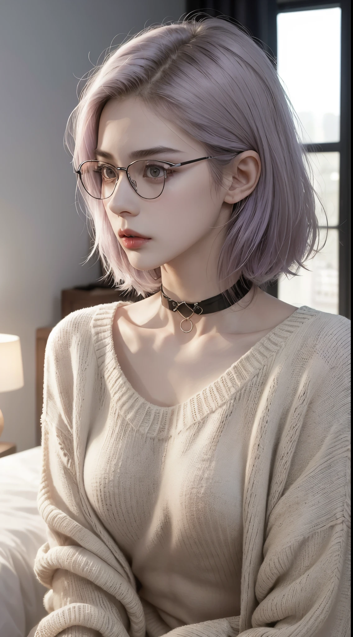 masterpiece, best quality, realistic, highly detailed, 1girl, solo, (body shot), poker face, stylish short hair, light purple hair, glasses, large breast, ((sweater)), choker, Lips pierced, tatto on neck, beautiful girl, A tomboy face, Flat face without expression, bedroom background, detail eyes, detail hair, perfect lighting