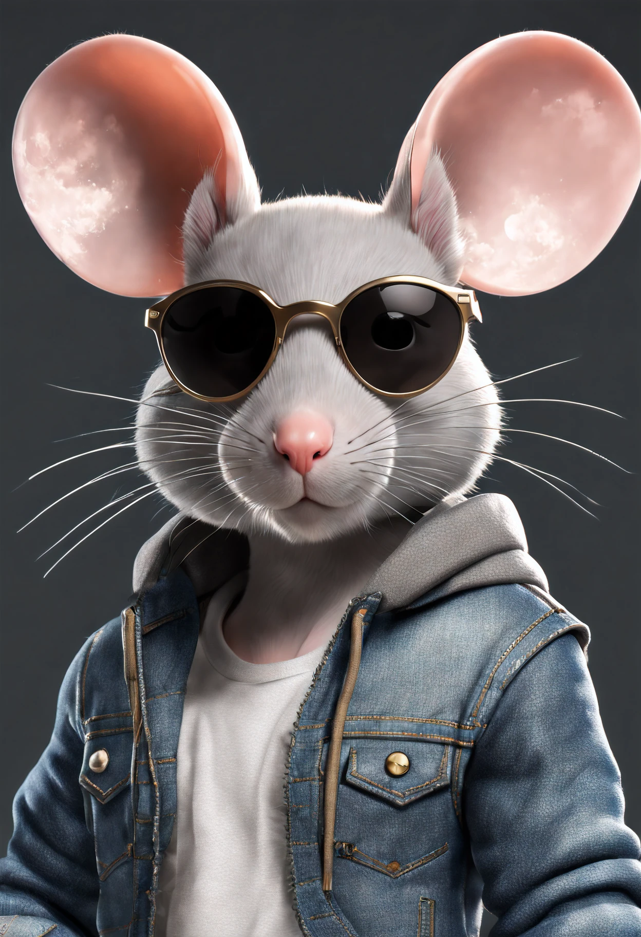 (top-quality,8K,32K,masterpiece,UHD:1.3),ultra high res,(Photorealsitic:1.4)),intricate details, Craft a perfect 3D animation style image featuring a stylish mouse. Picture the mouse wearing a tank top, jacket hoodie, denim pants, cool sunglasses, and footwear. Capture the attitude of this stylish character, with its hands casually tucked inside pant pockets. Encourage artists to bring the perfect blend of style and animation to life in a visually striking composition that showcases the character's cool and fashionable persona.