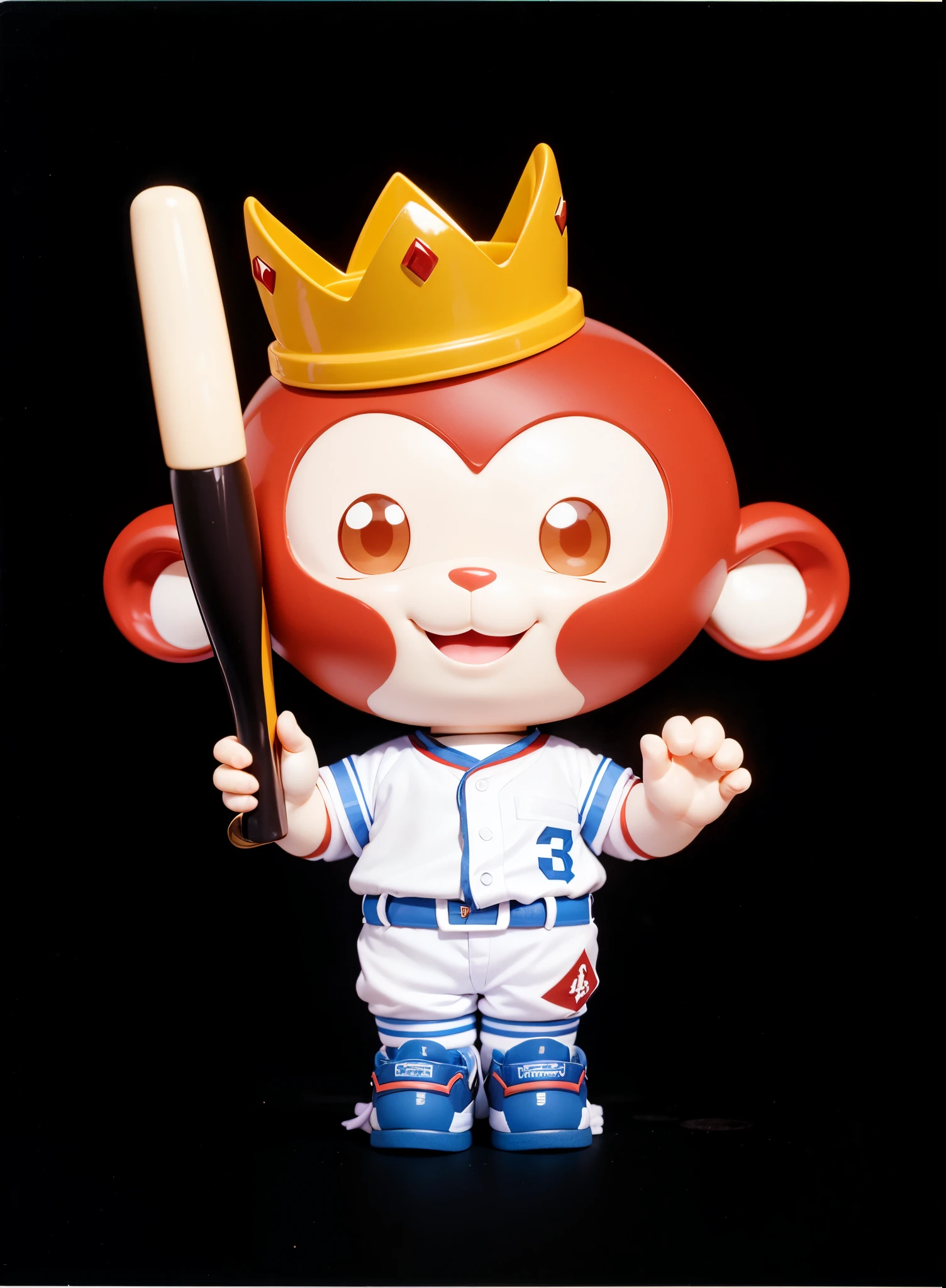 【amber round eyes,No eyelashes】Clear public areas、normal baseball stance,Cute red monkey playing baseball,Baseball bat in hand,No hair,Happy expression(Best quality at best)), ((tmasterpiece)), ( The content is very detailed, highest details, offcial art, Beauty and aesthetics:1.2), depth of fields, Composition of the whole body, (tchibi), (extremely happy:1),simple yellow crown,Cute face,Blue and white baseball uniform set,blue and white baseball shoes,
