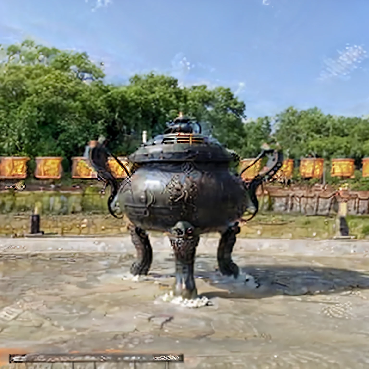 In front of the building there is a fountain with a fountain head, Taoist temples and monks, immortality fountain, Fountain in the middle, chengwei pan, guangjian, author:Wang yi, author:Wang Jian, Ancient sword, Wu Liu, water temple, inspired by Wang Yi, shaxi, full - view, The fountain, nanquan, author:Han Gan