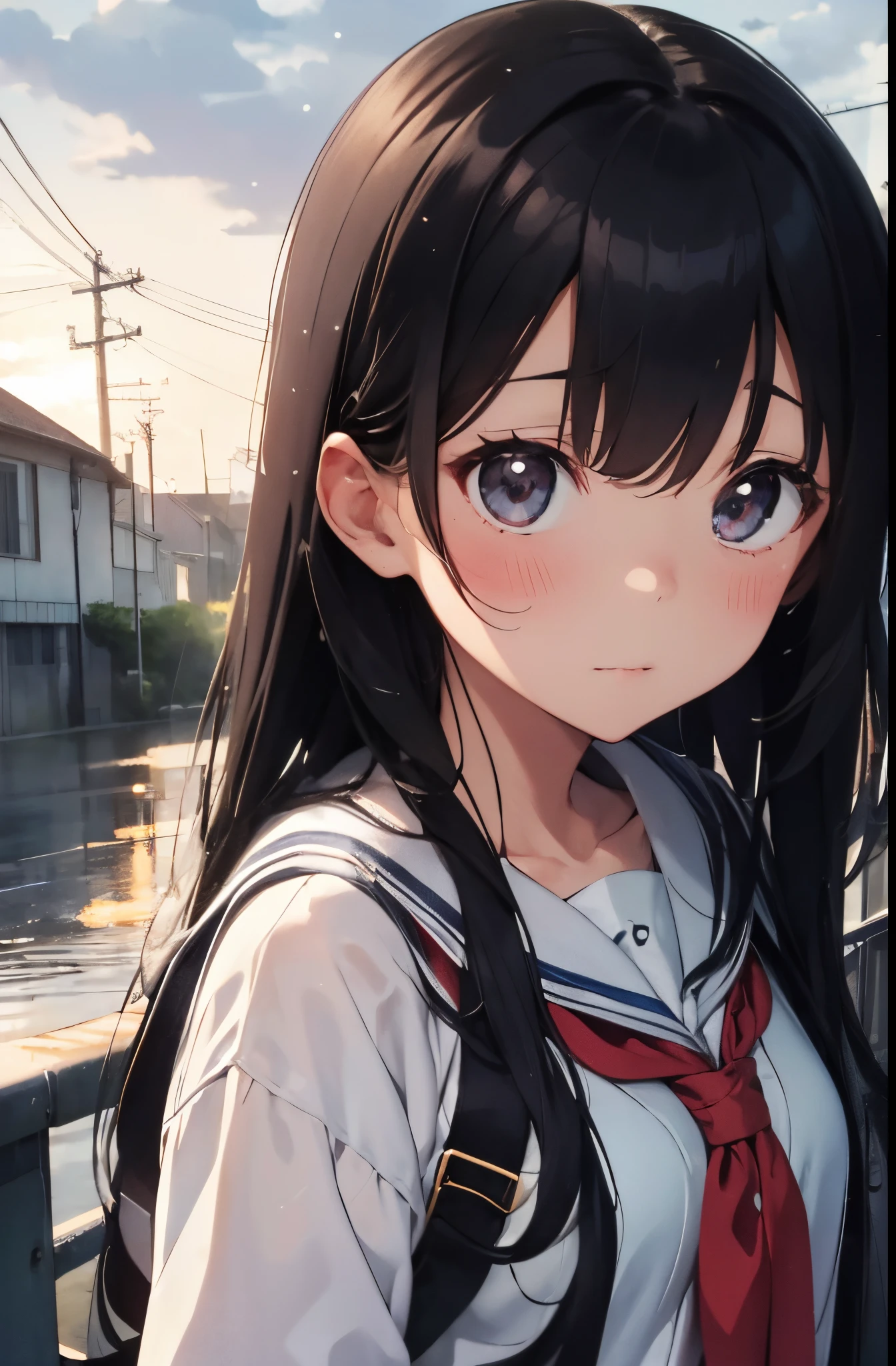 High School Girl、I got wet from the sudden heavy rain、summer clothing、is standing、Face of the upper eye、cloudy ash sky、Uniform is sailor suit、Plain but cute、Long Black Hair、The illustrations are in the style of romance manga or anime.....。