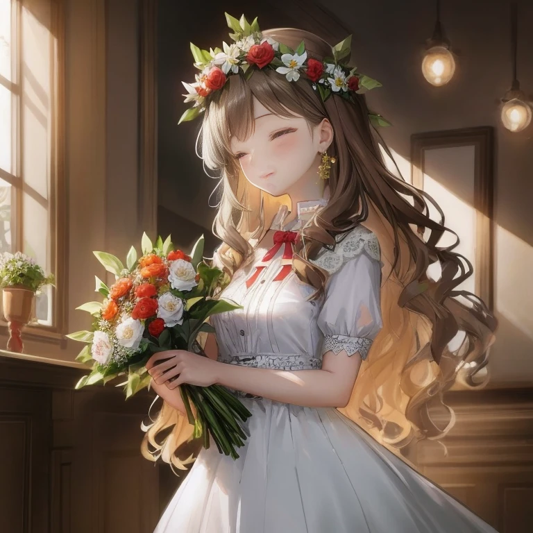 Anime girl with long hair and a flower crown with a bouquet of flowers, marin kitagawa fanart, in dress, kawaii realistic portrait, painted in anime painter studio, artwork in the style of guweiz, with flowers, Lori, guweiz on pixiv artstation, Beautiful maiden, Beautiful Anime Portrait, kawacy, made with anime painter studio, Cute Portrait