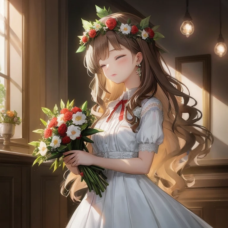 Anime girl with long hair and a flower crown with a bouquet of flowers, marin kitagawa fanart, loli in dress, kawaii realistic portrait, painted in anime painter studio, artwork in the style of guweiz, with flowers, Lori, guweiz on pixiv artstation, Beautiful maiden, Beautiful Anime Portrait, kawacy, made with anime painter studio, Cute Portrait