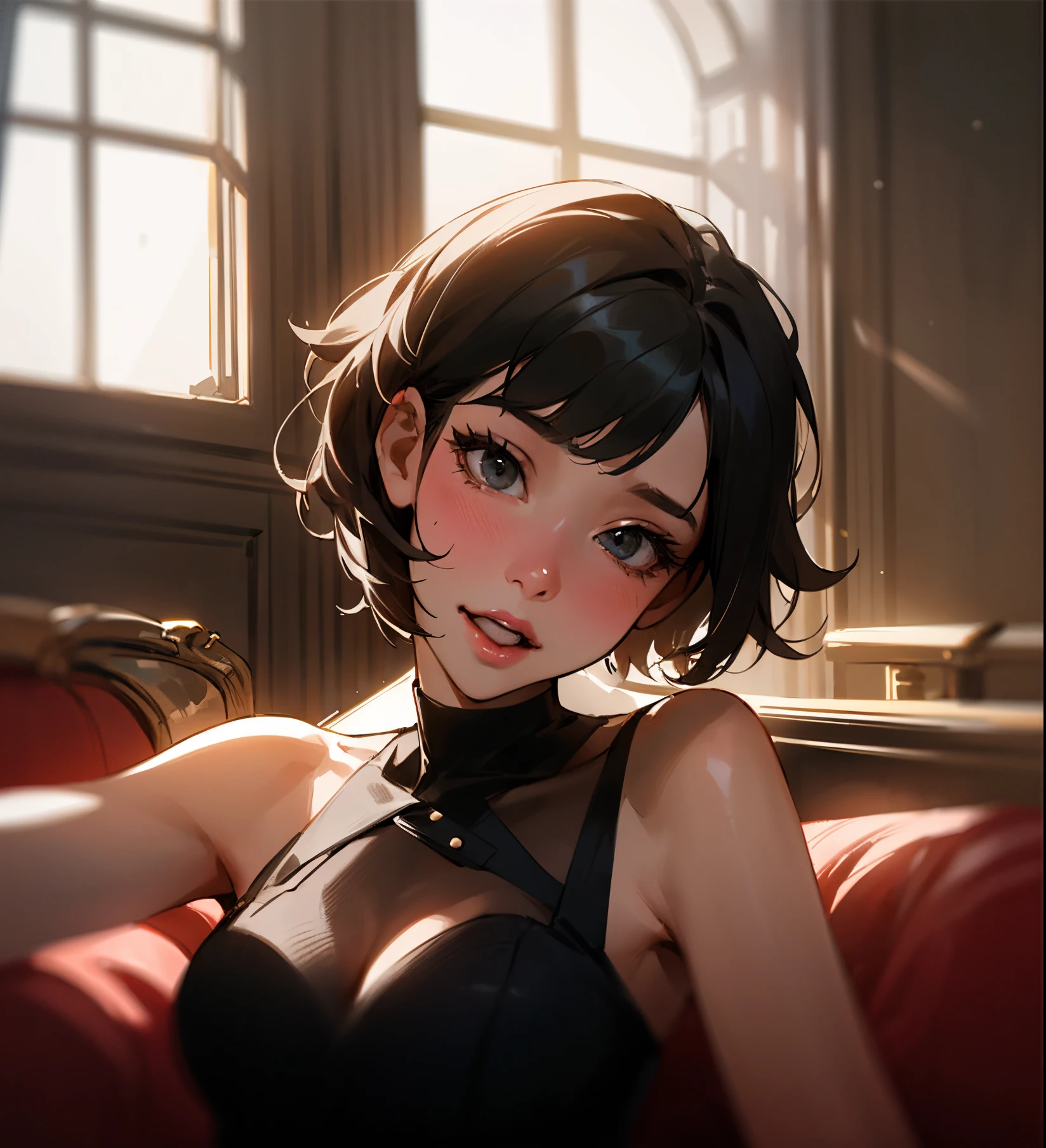 there is a woman in a black dress posing for a picture, with short hair, 18 years old, cindy avelino, 1 , window sunlight, 2 7 years old old woman, 30 years old woman, 2 2 years old, 🤤 girl poyears old, headshot profile picture, 2 8 years old