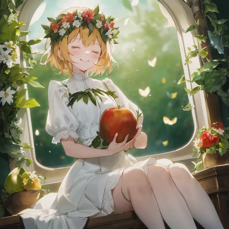 Anime girl with a flower crown holding an apple in front of the window, guweiz on pixiv artstation, Rin, splash art anime loli, Beautiful sunflower anime girl, guweiz on artstation pixiv, loli in dress, Lori, guweiz, Anime visuals of cute girls, artwork in the style of guweiz